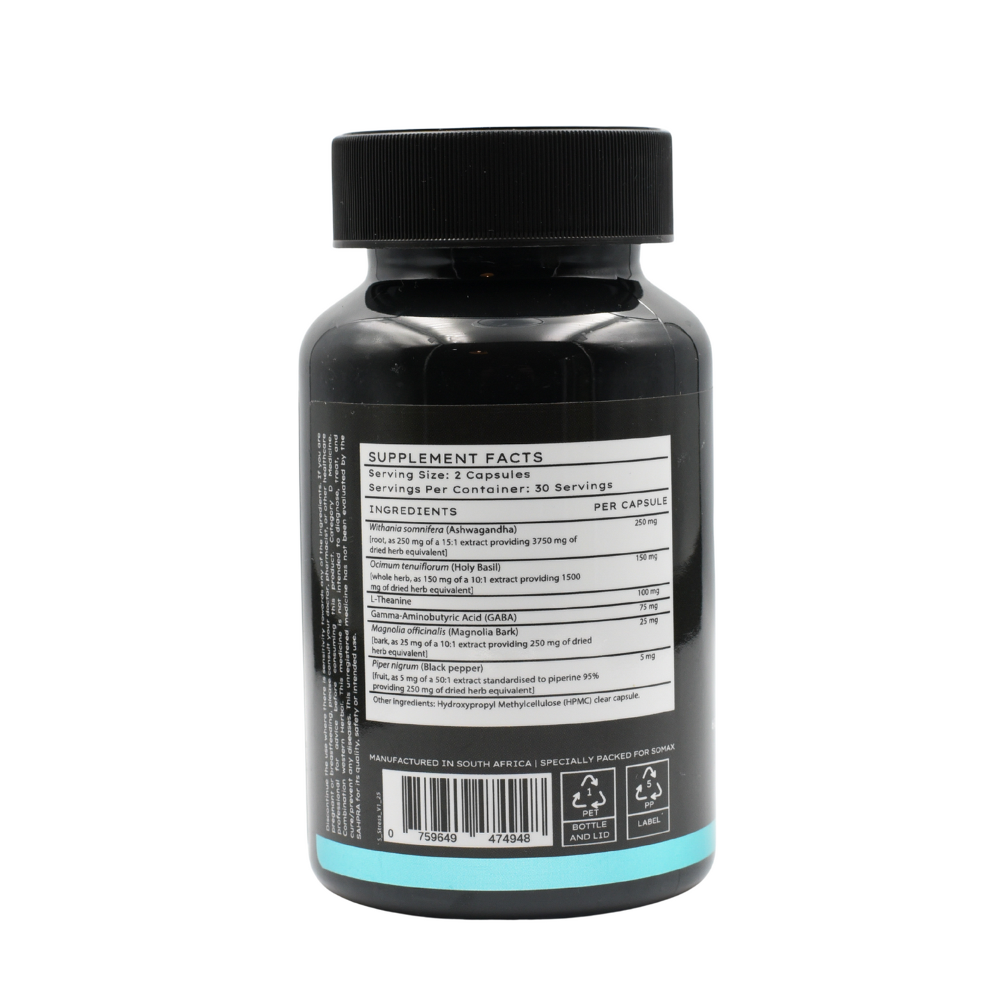 Black supplement bottle with supplement facts label on a white background. SOMAX DontStress, reduces anxiety and calms the nervous system.