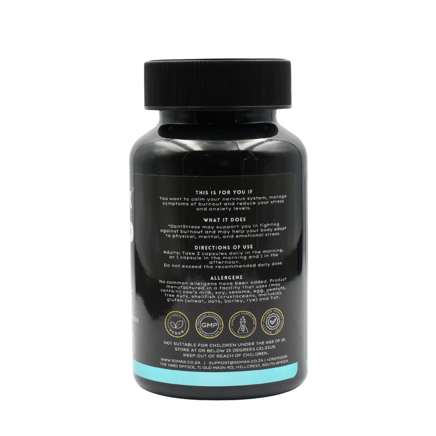 Black supplement bottle with text and icons on a white background - SOMAX DontStress, reduces anxiety and calms the nervous system.
