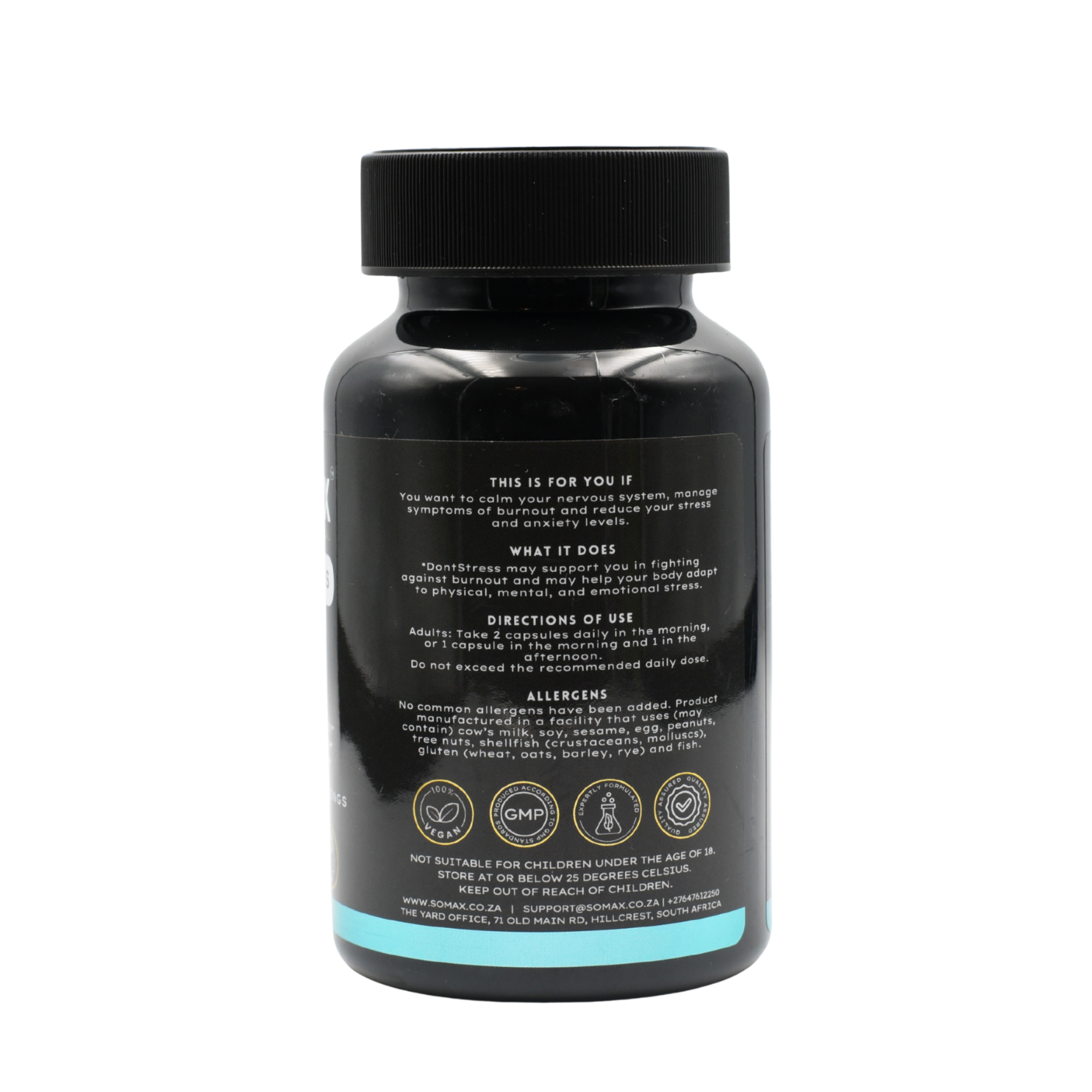 Black supplement bottle with text and icons on a white background - SOMAX DontStress, reduces anxiety and calms the nervous system.