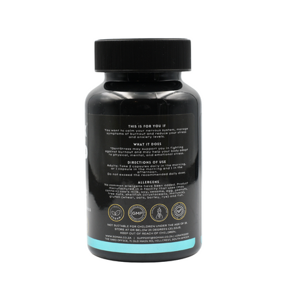 Black supplement bottle with text and icons on a white background - SOMAX DontStress, reduces anxiety and calms the nervous system.