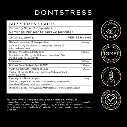 Supplement label for SOMAX DontStress with ingredients and certification logos on a black background