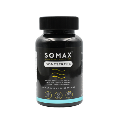 Black bottle of SOMAX DontStress supplement on a white background