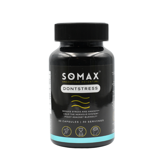 Black bottle of SOMAX DontStress supplement on a white background