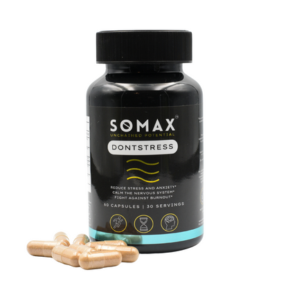 Black supplement bottle with capsules on a white background - SOMAX DontStress, reduces anxiety and calms the nervous system
