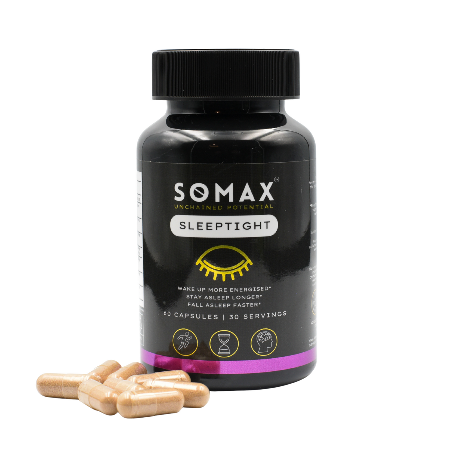 SOMAX SleeptTght supplement bottle with capsules on a white background - helps you fall asleep faster and stay asleep longer.