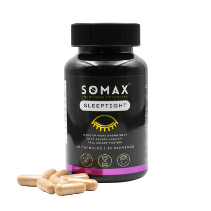 SOMAX SleeptTght supplement bottle with capsules on a white background - helps you fall asleep faster and stay asleep longer.