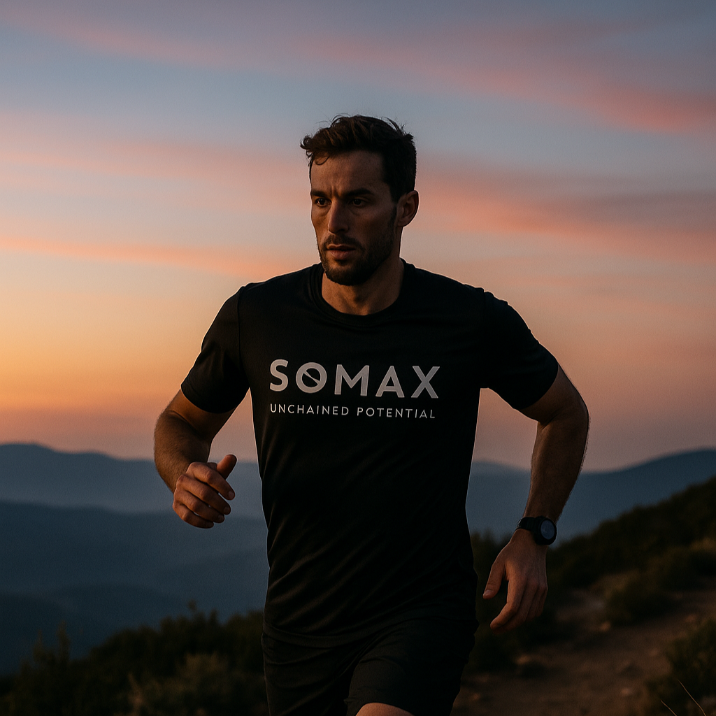 Man running on a mountain trail wearing a black 'SOMAX' t-shirt with a sunset in the background.